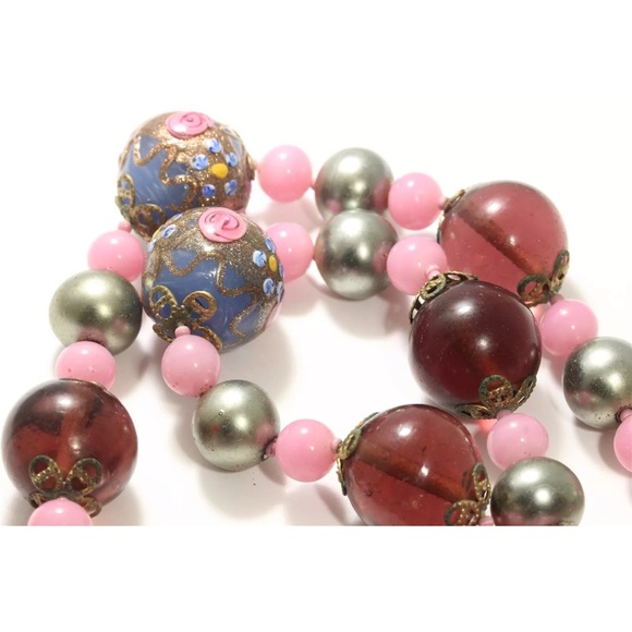 RARE Large Venetian Wedding Cake pink-Purple handmade Glass Bead Necklace 18” - Picture 11 of 15